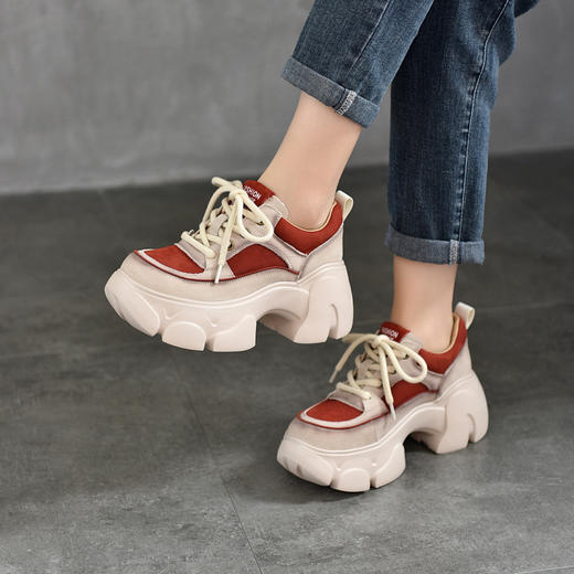 TN T6686-18有34码厚底松糕拼色系带休闲鞋真皮低帮单鞋 商品图0