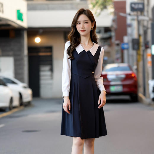 奢姿2025年春季新款大码女装翻领减龄裙子胖mm撞色简约时尚连衣裙9933860185 商品图2