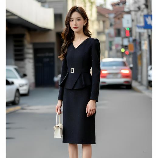 奢姿2025年春装新款大码女装气质V领连衣裙胖妹妹腰带设计裙子3223802531 商品图3