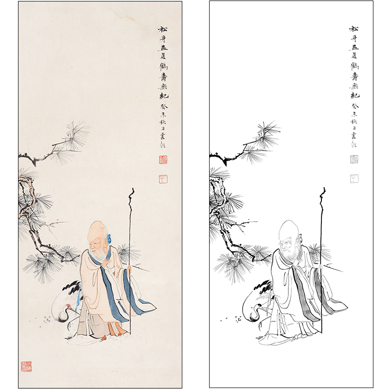陈少梅工笔画人物白描底稿《鹤寿无纪》临摹勾线高清打印稿SM04
