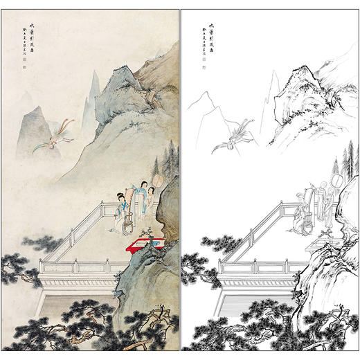 陈少梅山水工笔画白描底稿《吹箫引凤图》临摹勾线高清打印稿SM03 商品图0