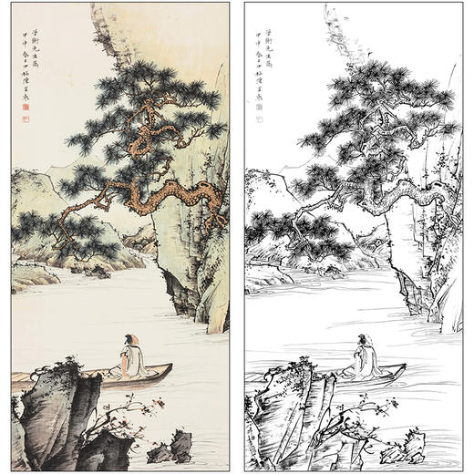 陈少梅山水人物工笔画白描底稿《松下泛舟》临摹勾线高清打印稿SM10 商品图0