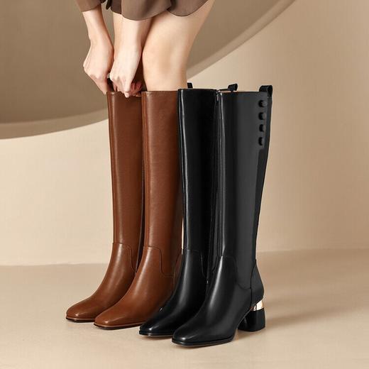 【预售7天】复古真皮方头高筒骑士靴粗跟高跟气质长筒切尔西靴显瘦长靴女LD&6181 商品图2