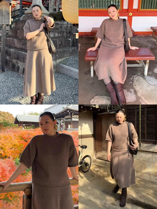 HIDEMI 进口澳洲美利奴羊毛花纱立领短袖粗针极简廓形毛衣半裙套装 毛衣｜茧型半裙 商品图3