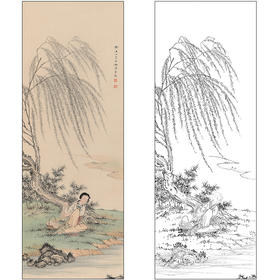 陈少梅山水人物工笔画白描底稿《浣纱图》临摹勾线高清打印稿SM15