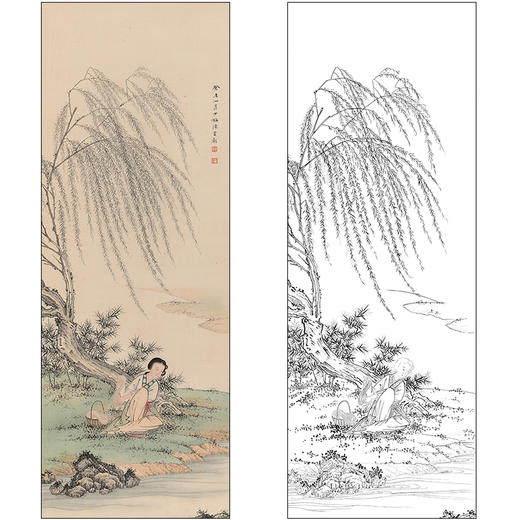 陈少梅山水人物工笔画白描底稿《浣纱图》临摹勾线高清打印稿SM15 商品图0