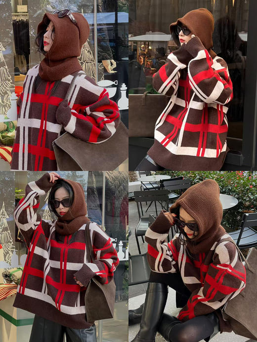 HIDEMI进口美利奴羊毛加厚粗针设计感保暖连帽围脖巴拉克拉法帽针织帽女 黑色/复古棕红/鼠尾草灰绿 商品图1