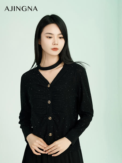 【商场同款】阿菁娜2024春季新款设计感褶皱长袖针织衫A29C301021 商品图1