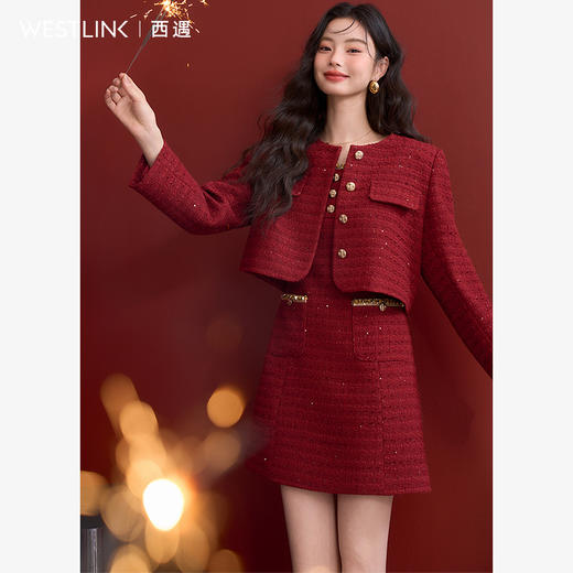西遇红色小香风外套套装女早春新款新年穿搭背心裙两件套V0150063/V0150064 商品图0