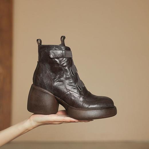 【预售5天】时尚时装高跟厚底马丁靴女秋冬新款真皮粗跟圆头松紧带复古短靴TYMXY&6786 商品图3