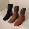【预售5天】复古方头连袜靴短靴女粗跟中跟半筒靴真皮弹力针织瘦瘦靴中筒袜靴LD&6182 商品缩略图2