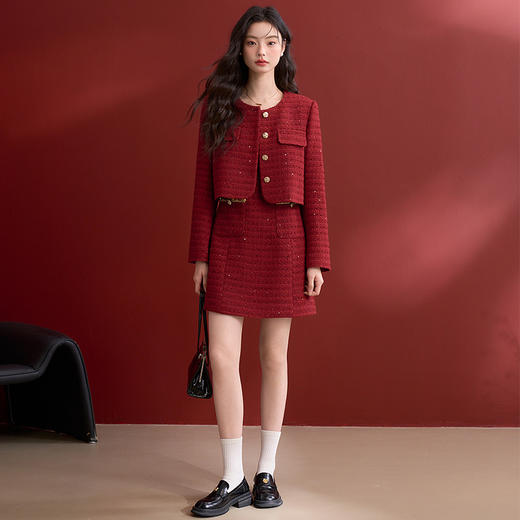 西遇红色小香风外套套装女早春新款新年穿搭背心裙两件套V0150063/V0150064 商品图1