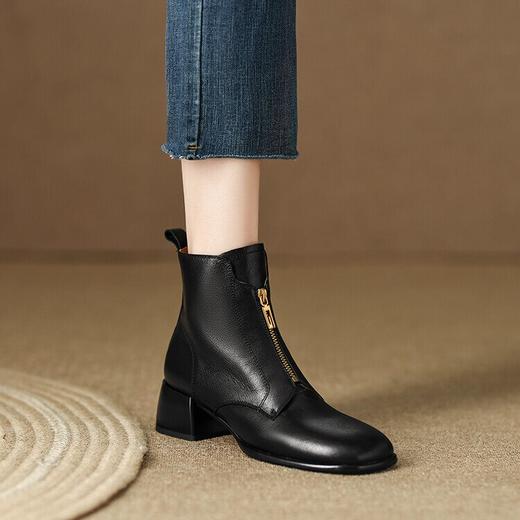 【预售5天】秋冬加绒前拉链方头粗跟时装短靴法式小羊皮马丁靴女LD&6132 商品图3