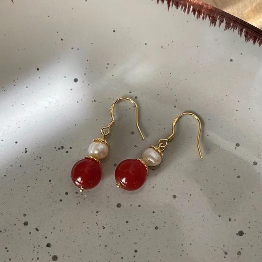【敦煌珍珠红玛瑙耳坠】红玛瑙优雅气质925银针耳环女复古宫廷温柔耳饰 商品图1