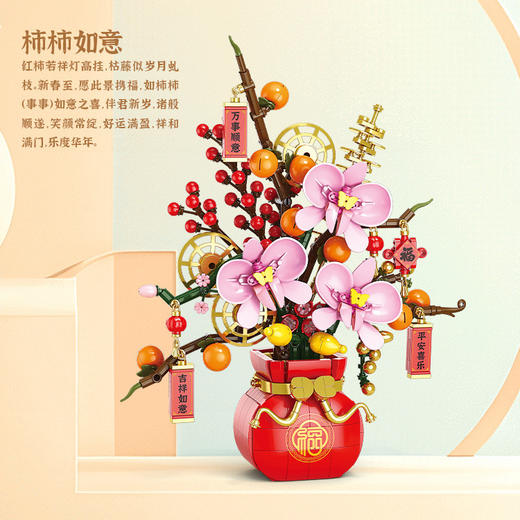 新年春节盆花积木摆件礼物柿柿如意金桔树摆件拼装积木儿童玩具 商品图1