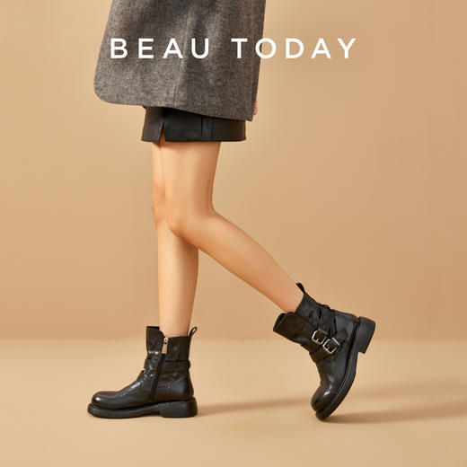 BeauToday 真皮骑士靴 厚底粗跟骑士靴短靴子03D58 商品图3