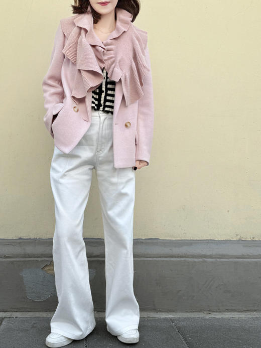 TYNVIE 双排扣翻盖羊绒羊毛西装外套 - 粉色/格纹 商品图13