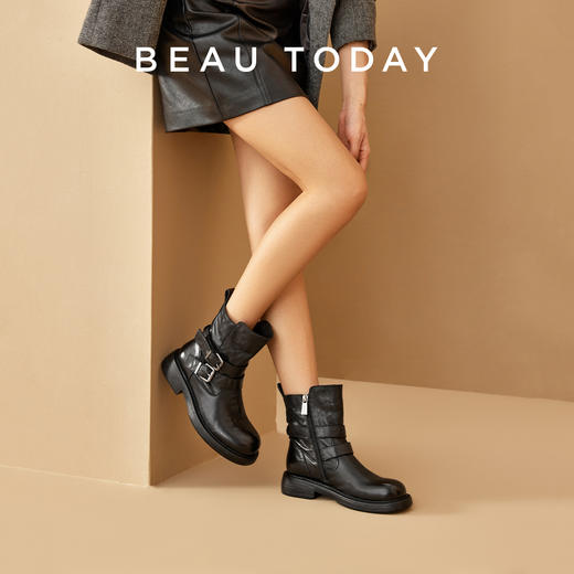 BeauToday 真皮骑士靴 厚底粗跟骑士靴短靴子03D58 商品图2