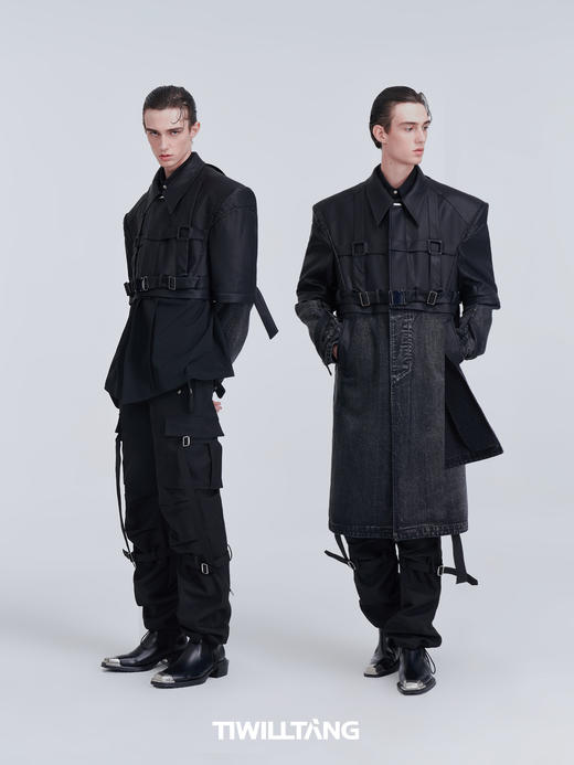 TIWILLTANG启世录“桅制宛锓”长短可拆卸牛仔拼皮绑带扣棉胆风衣 商品图4