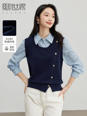 【五折购】熙世界设计感假两件条纹衬衫POLO领拼接针织上衣2025春秋新款