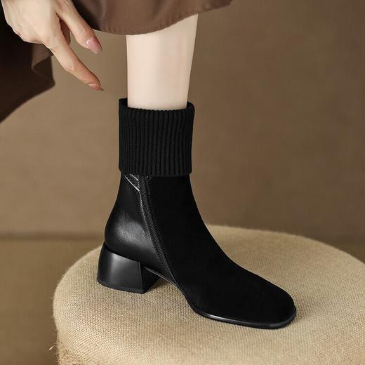 【预售5天】复古方头连袜靴短靴女粗跟中跟半筒靴真皮弹力针织瘦瘦靴中筒袜靴LD&6182 商品图3