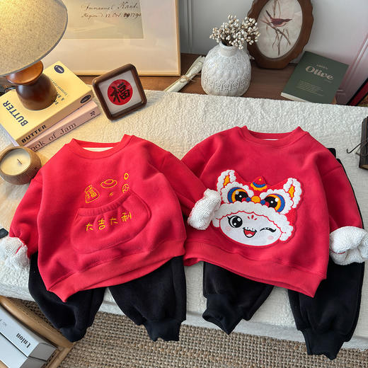 【超厚新年款】A类冬季奥利绒卫衣套装加绒大吉大利保暖加厚拜年服聚 商品图4