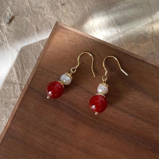 【敦煌珍珠红玛瑙耳坠】红玛瑙优雅气质925银针耳环女复古宫廷温柔耳饰 商品图0