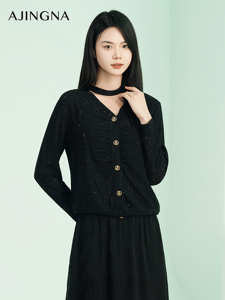 【商场同款】阿菁娜春季新款设计感褶皱长袖针织衫A29C301021