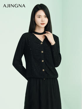 【商场同款】阿菁娜2024春季新款设计感褶皱长袖针织衫A29C301021