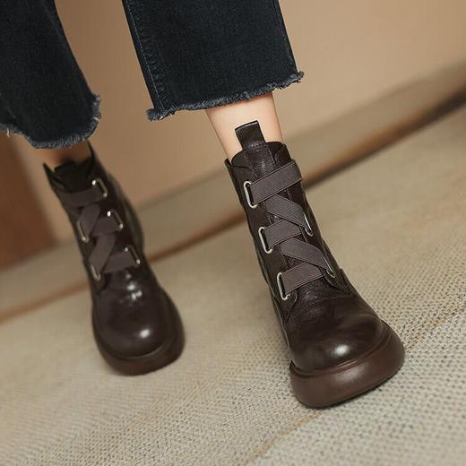 【预售5天】时尚时装高跟厚底马丁靴女秋冬新款真皮粗跟圆头松紧带复古短靴TYMXY&6786 商品图1