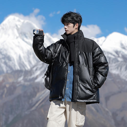 【清仓直降 pu皮拼接 质感满满】斯辰唯佳 情侣拼接撞色机车免洗棉衣 商品图0