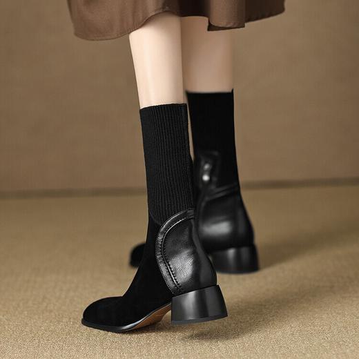 【预售5天】复古方头连袜靴短靴女粗跟中跟半筒靴真皮弹力针织瘦瘦靴中筒袜靴LD&6182 商品图1