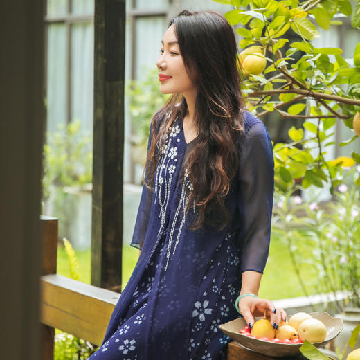 【林栖设计小店】【林栖推荐】2025年春夏新品蓝印花复古时尚绣花真丝连衣裙女1942507 商品图7