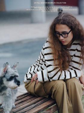 [特价]英式MHL宽松长袖T恤 黄白条纹t恤 纯棉t