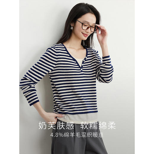 【专属特价】熙世界设计感假两件条纹针织衫女2025春秋长袖含羊毛显瘦毛衫上衣 商品图1