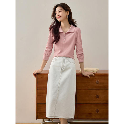 【年终特卖】熙世界法式POLO领粉色T恤女长袖2025春秋新款肌理感针织体恤上衣 商品图4