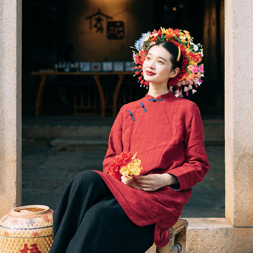 绽放001朵/冬季砂洗亚麻撞色盘扣年服新中式中长款棉服长袖连衣裙 商品图1