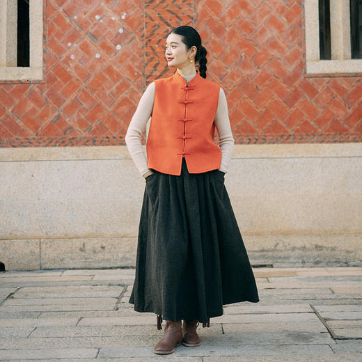 绽放旅行女装019朵/羊毛橘黑印花双面呢古典文艺新中式年服马甲 商品图3