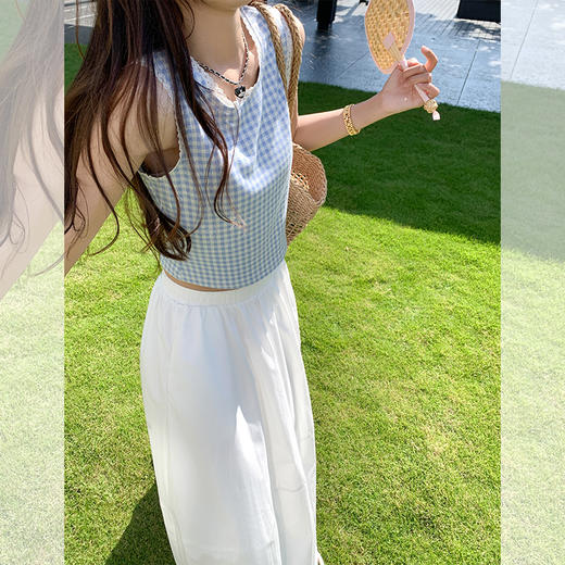 <曾小咸推荐>蓝色格子背心白色半裙蓝色开衫 商品图4