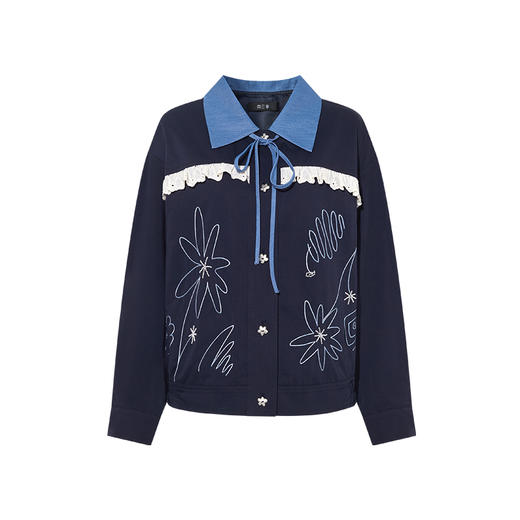 两三事星辰花园2025春季新款甜美蕾丝拼接拼色绑带翻领绣花外套女 商品图4