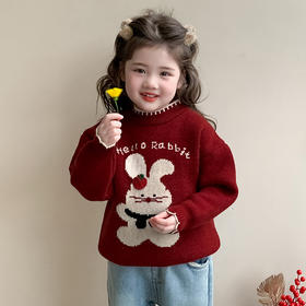 【可爱卡通兔子图案，温暖舒适，时尚百搭】新款韩版女童加绒加厚 卡通兔毛衣 新年拜年毛衣 冬季新款儿童外穿上衣-QQ