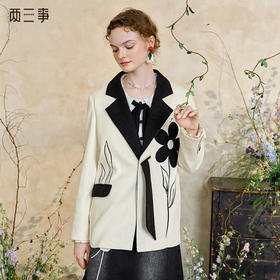 两三事 别处花旅 2025春季新款复古拼色系带印花西装外套女宽松
