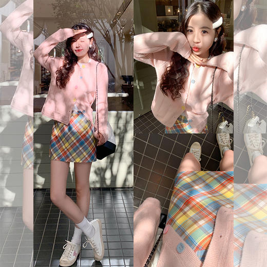 <曾小咸推荐>多巴胺look针织开衫格子半裙 商品图4