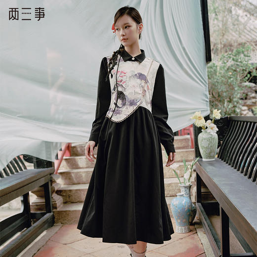 两三事素影怜烟2025春季新款新中式水墨印花拼接假两件系带连衣裙 商品图0