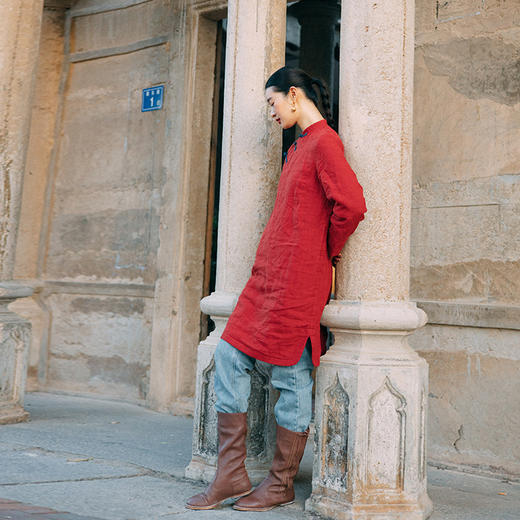 绽放001朵/冬季砂洗亚麻撞色盘扣年服新中式中长款棉服长袖连衣裙 商品图3