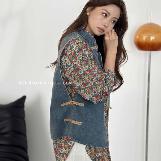 顺丰包邮20930洛诗琳新中式国风盘扣撞色天丝棉牛仔马甲538 商品图4