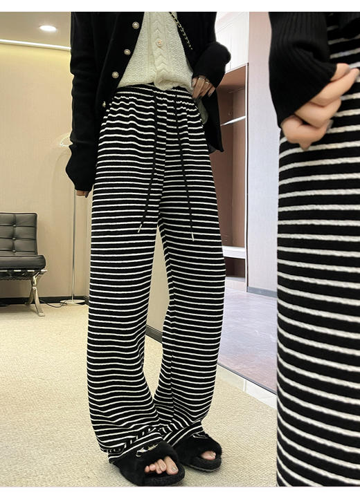 【YW】无忧购新款加绒洋气横条纹阔腿裤百搭长裤子（截单后7天发货) 商品图3