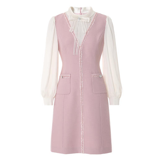 EITIE爱特爱气质圆领蝴蝶结甜美粉色a字拼接长袖连衣裙2025春新款A2507523 商品图5