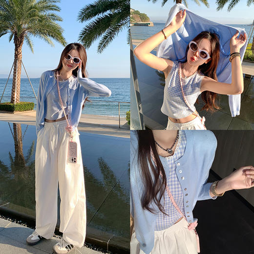 <曾小咸推荐>蓝色格子背心白色半裙蓝色开衫 商品图2
