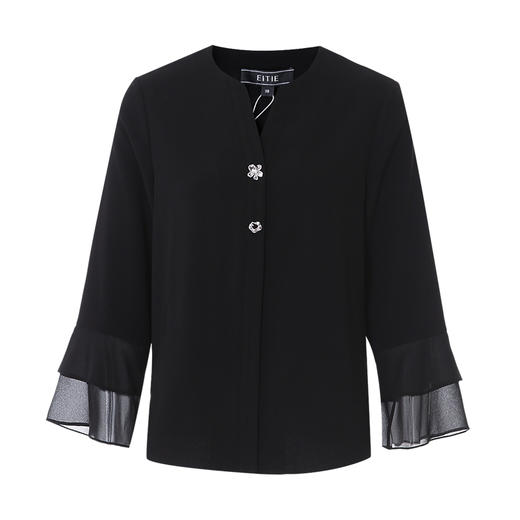 EITIE爱特爱气质V领显瘦设计感喇叭袖黑色衬衫上衣2025春新款A2513521 商品图5